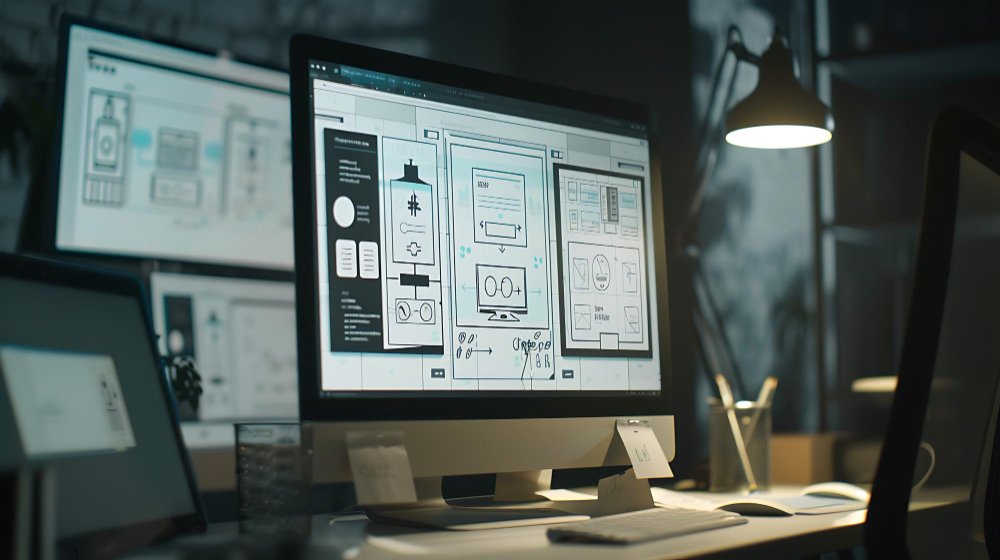 Computer screen displaying design mockups