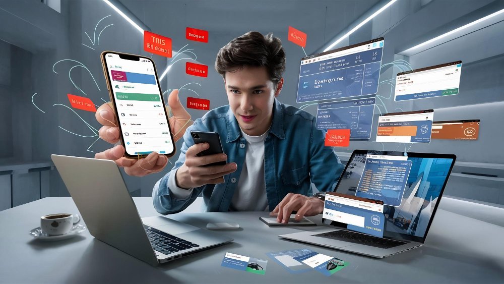 Person using multiple digital devices