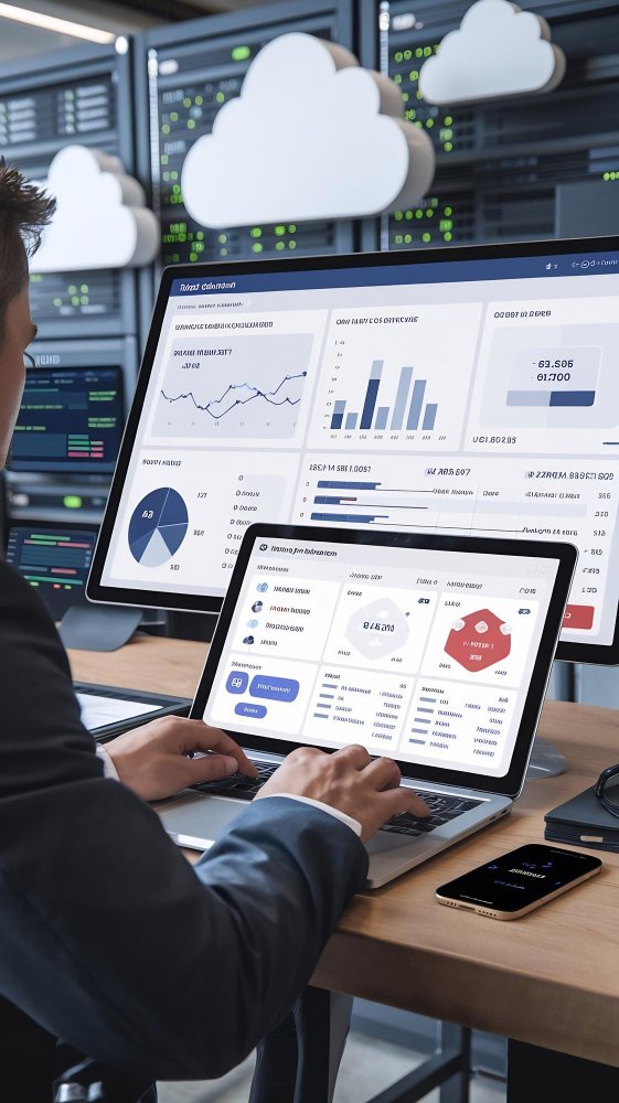 Professional working on a laptop with cloud computing dashboards, data charts, and a smartphone on the desk