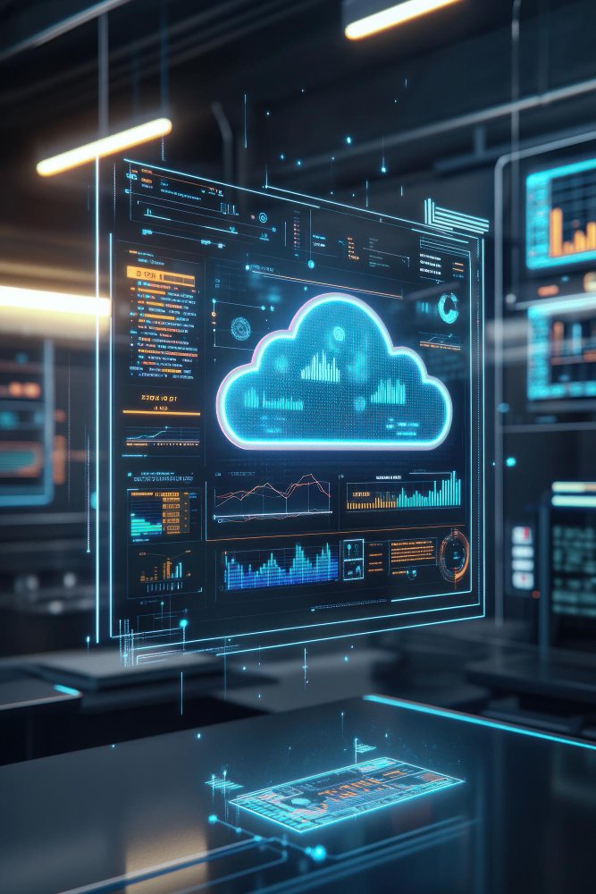 Futuristic holographic dashboard displaying cloud computing data, analytics charts, and performance metrics