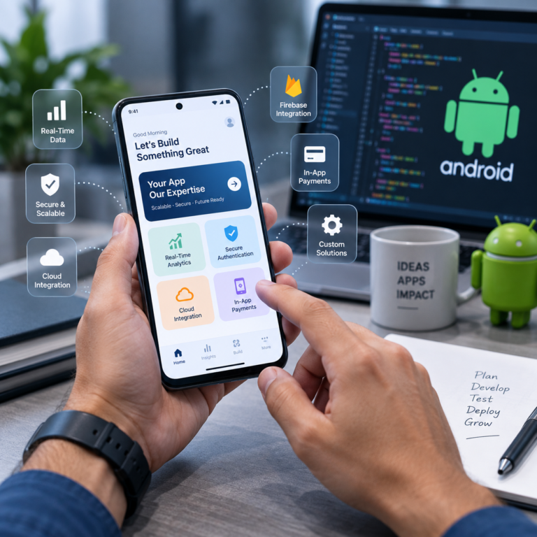 Modern Android app development company interface showing real-time data, secure authentication, cloud integration, Firebase connectivity, and in-app payment features.