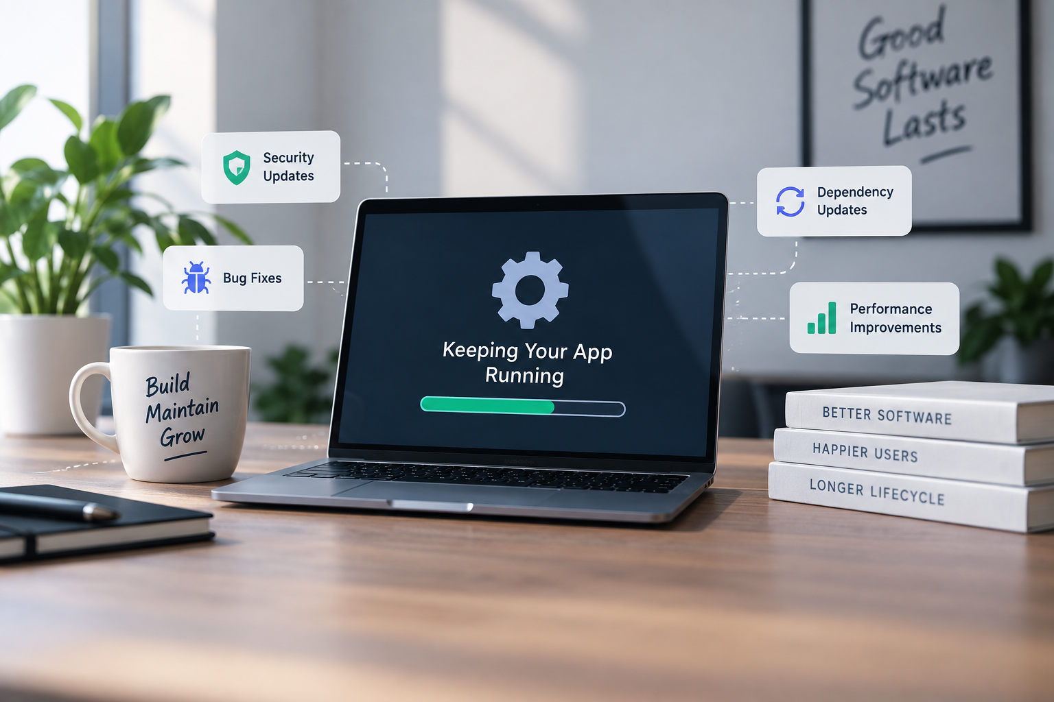 Software app maintenance cost and ongoing support with security updates, bug fixes, and performance improvements.