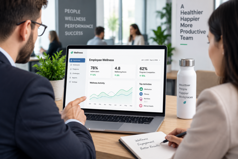 Corporate HR and employee wellness team reviewing a wellness dashboard on a laptop in a modern office