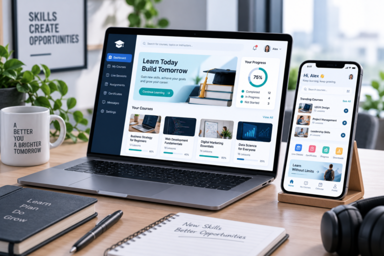 Laptop and smartphone displaying a custom e-learning platform with courses, learner progress tracking, live sessions, assignments, and certificates.