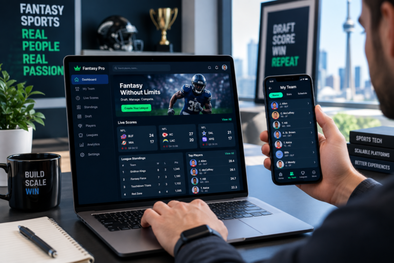 Professional using a laptop and smartphone displaying a custom fantasy sports platform with live scores, drafts, player data, team management, and league standings.