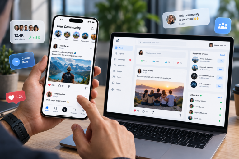 Smartphone and laptop displaying a custom social media and community app with member profiles, social feeds, groups, messaging, posts, and engagement features.