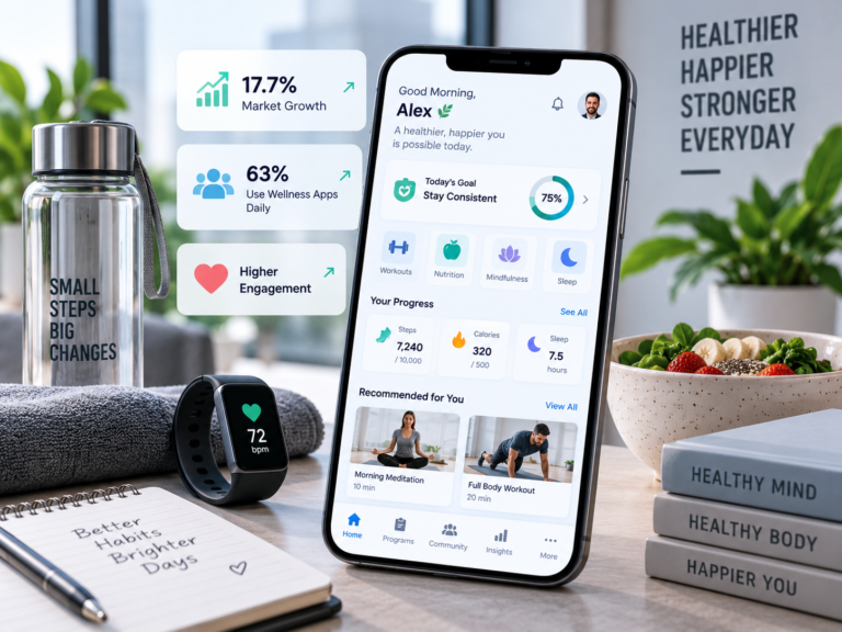Wellness app on a smartphone showing personalized health goals, fitness activities, nutrition, mindfulness, sleep tracking, and progress insights.