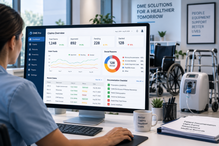 DME medical billing software dashboard showing claims, denial alerts, documentation, and payment tracking