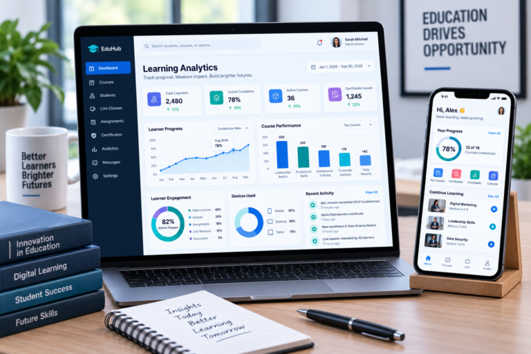 Custom educational app dashboard displaying learner progress, course performance, engagement analytics, and mobile learning data.