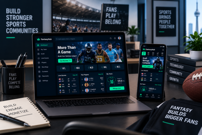 Fantasy sports platform displayed on a laptop and smartphone with league management, live scores, player statistics, team management, and fan engagement features.