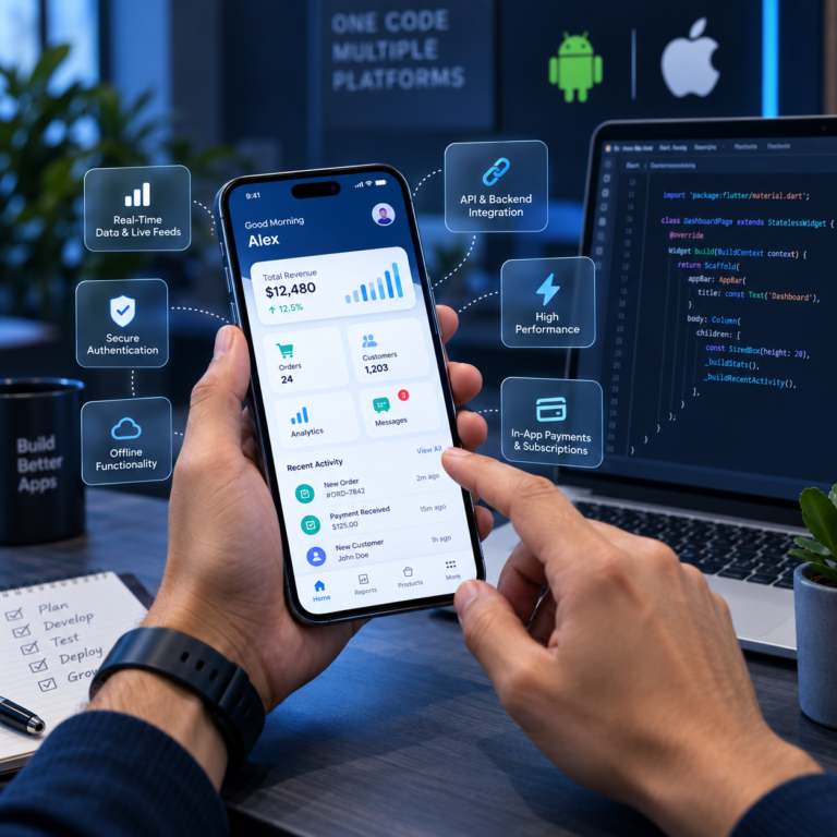Modern Flutter Development Company workspace showing a mobile dashboard, Flutter code, API integration, secure authentication, offline functionality, performance, and in-app payments.