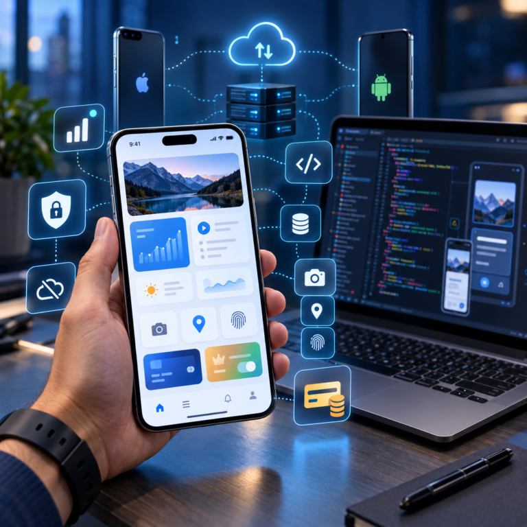 Ionic App Development Company with a smartphone dashboard, iOS and Android devices, and connected cloud, API, security, database, and payment systems.