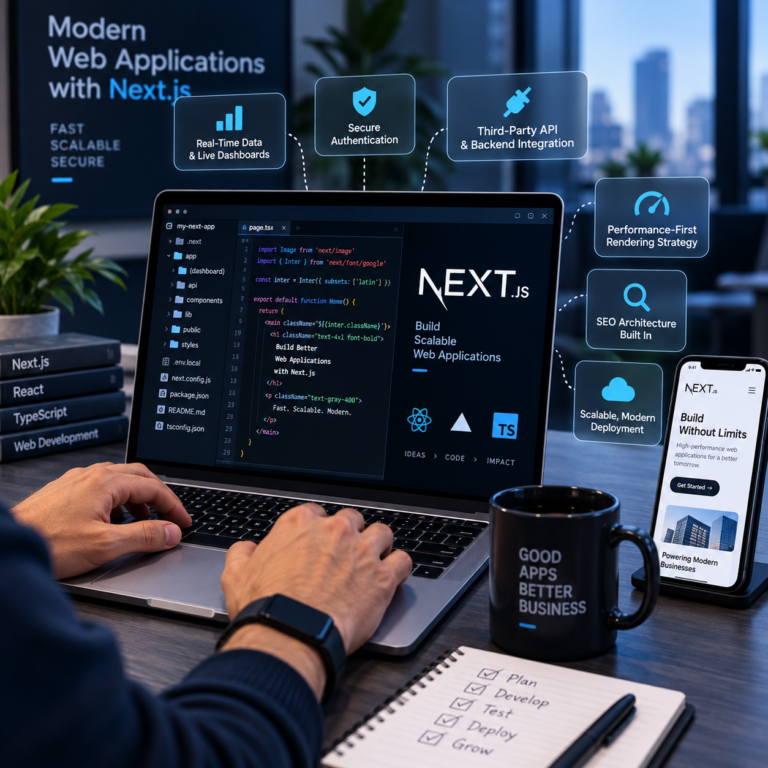 Next.js Development Company workspace featuring real-time dashboards, secure authentication, API integration, performance optimization, SEO architecture, and scalable deployment.