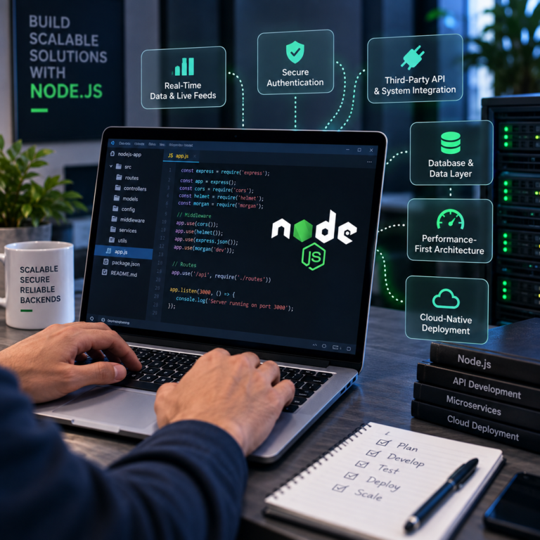 Modern Node.js Development Company backend development workspace featuring Node.js code, real-time data, secure authentication, API integration, database architecture, performance optimization, and cloud deployment.