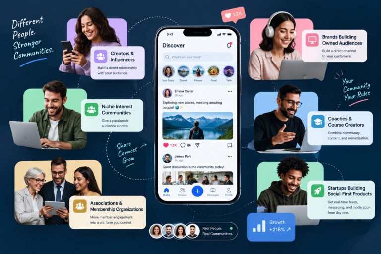 Diverse people using a custom social media community platform for creators, niche communities, associations, brands, coaches, and startups.
