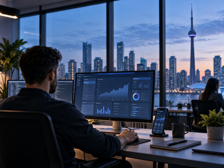 Software Development Company Toronto with developer working on digital applications and analytics dashboards