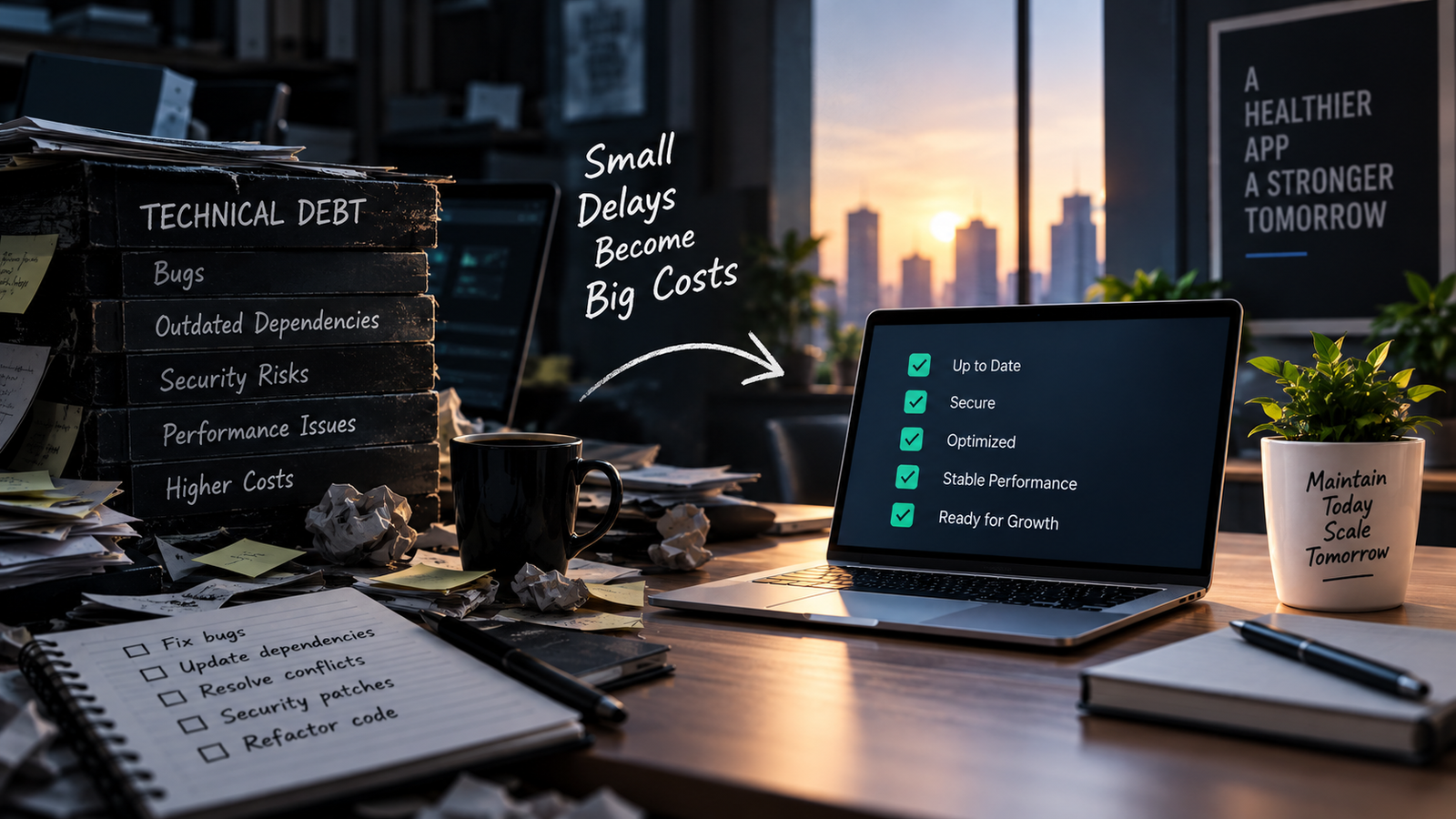 Split-screen illustration showing technical debt and rising costs on one side, and a secure, optimized application on the other.