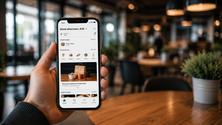 Custom restaurant mobile ordering app displayed on a smartphone in a modern restaurant