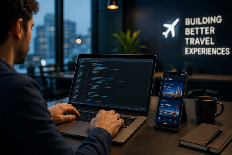 Developer building a custom travel booking app on a laptop