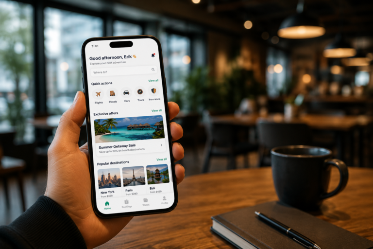 Custom travel booking app displayed on a smartphone for seamless trip planning
