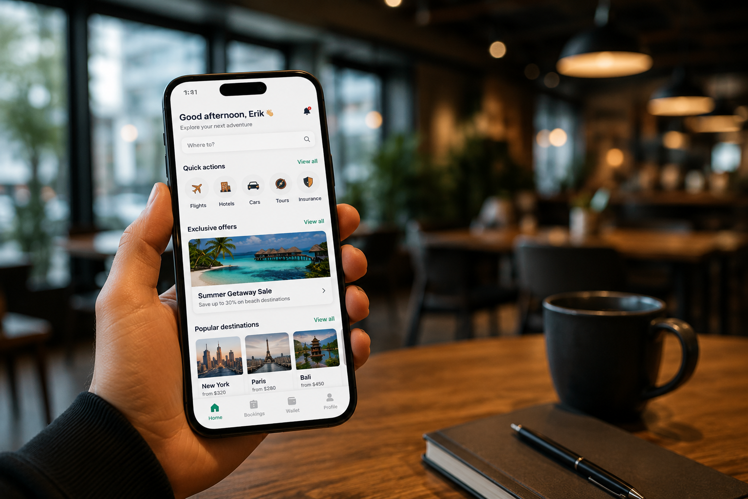Custom travel booking app displayed on a smartphone for seamless trip planning