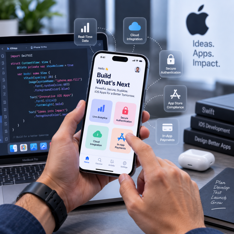 Modern iOS app development company setup featuring an iPhone app interface, Swift coding, real-time analytics, secure authentication, cloud integration, App Store compliance, and in-app payments.