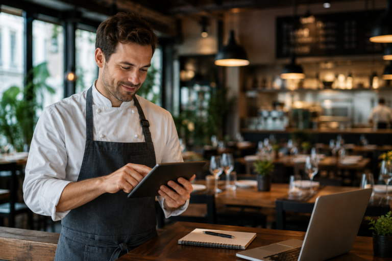 Restaurant manager using a tablet to manage operations and customer orders