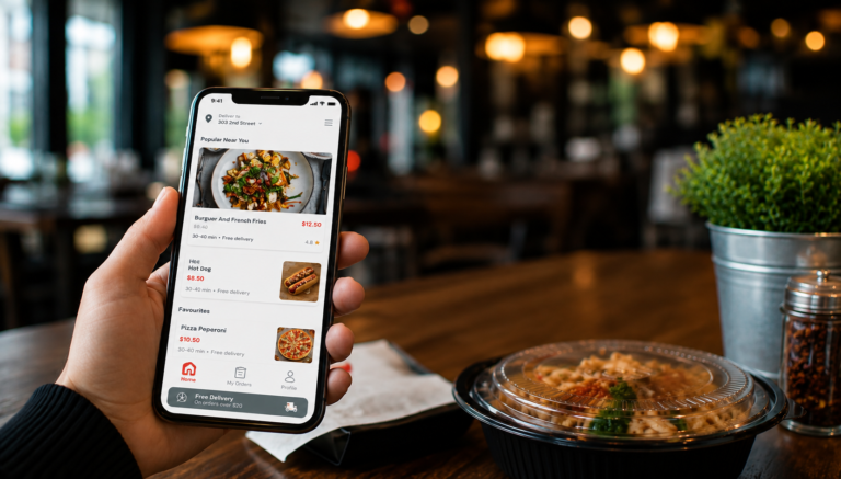 Restaurant ordering app on smartphone showing online food ordering in a modern restaurant