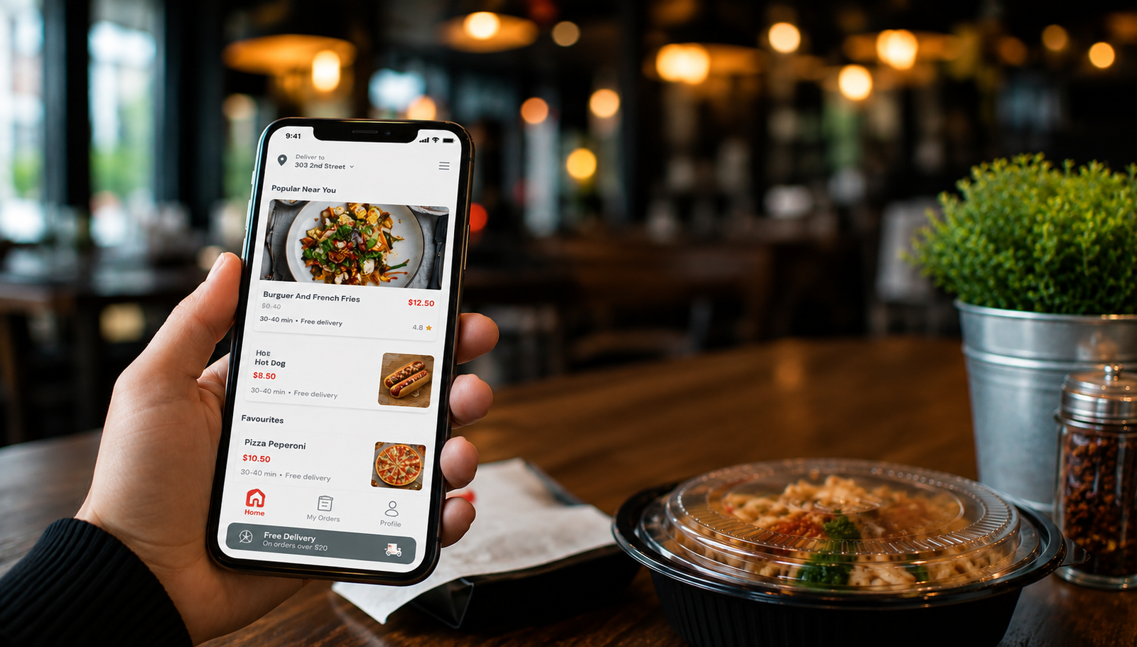 Restaurant ordering app on smartphone showing online food ordering in a modern restaurant