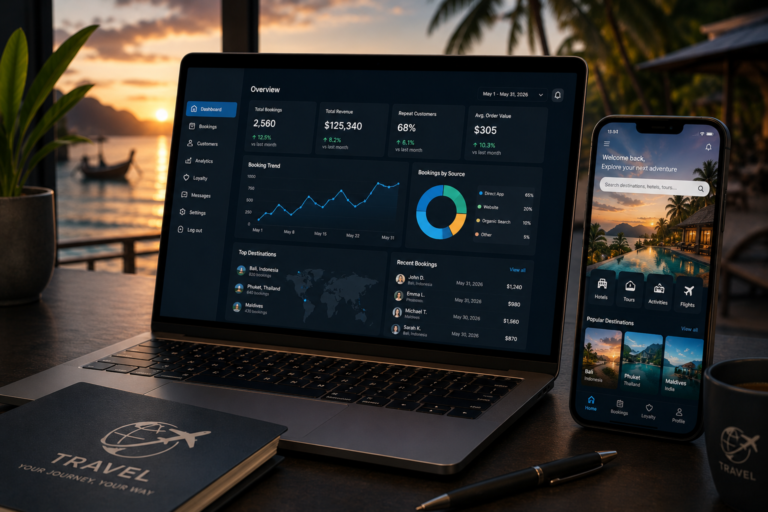 Travel booking analytics dashboard and mobile booking app for managing reservations and traveler data