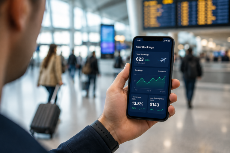 Traveler using a mobile booking app in an airport